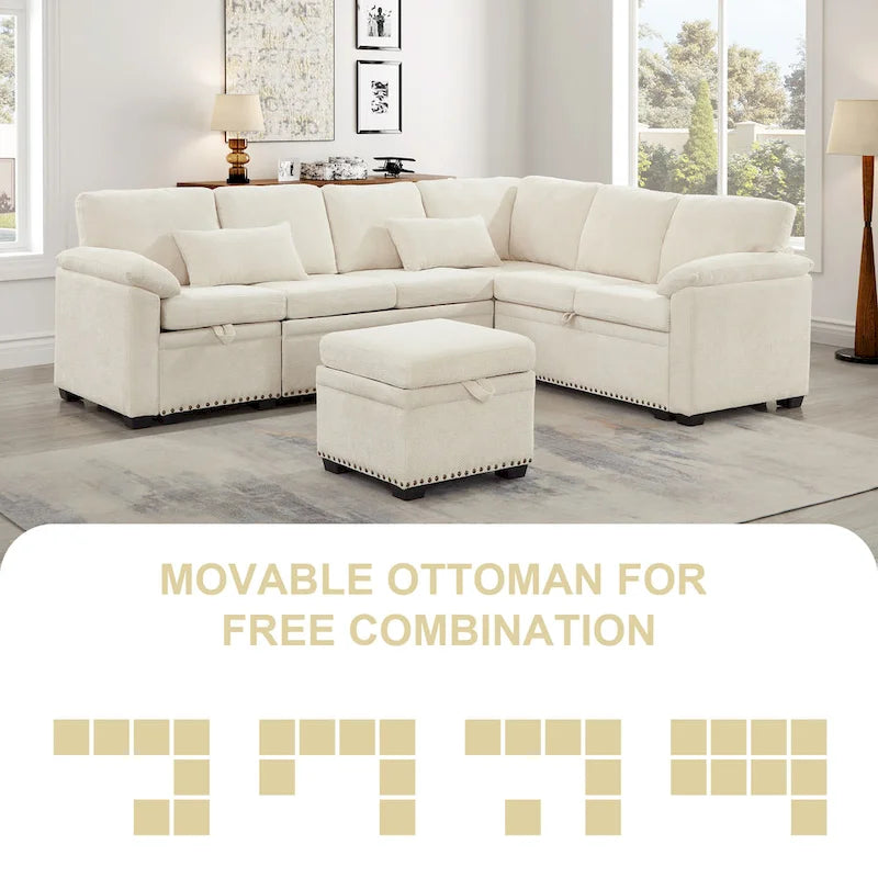 Canapé d'angle en chenille 97 pouces avec pouf de rangement, 7 places et 2 coussins - Canapé-lit convertible