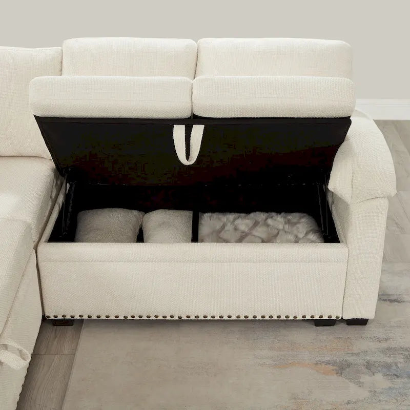 Canapé d'angle en chenille 97 pouces avec pouf de rangement, 7 places et 2 coussins - Canapé-lit convertible