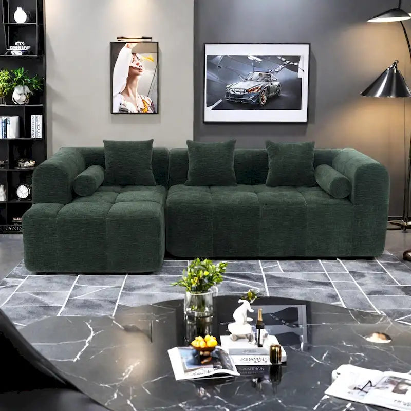 Canapé d'angle modulaire en chenille 101.2 avec assise profonde, design combinable libre et construction en mousse haute densité