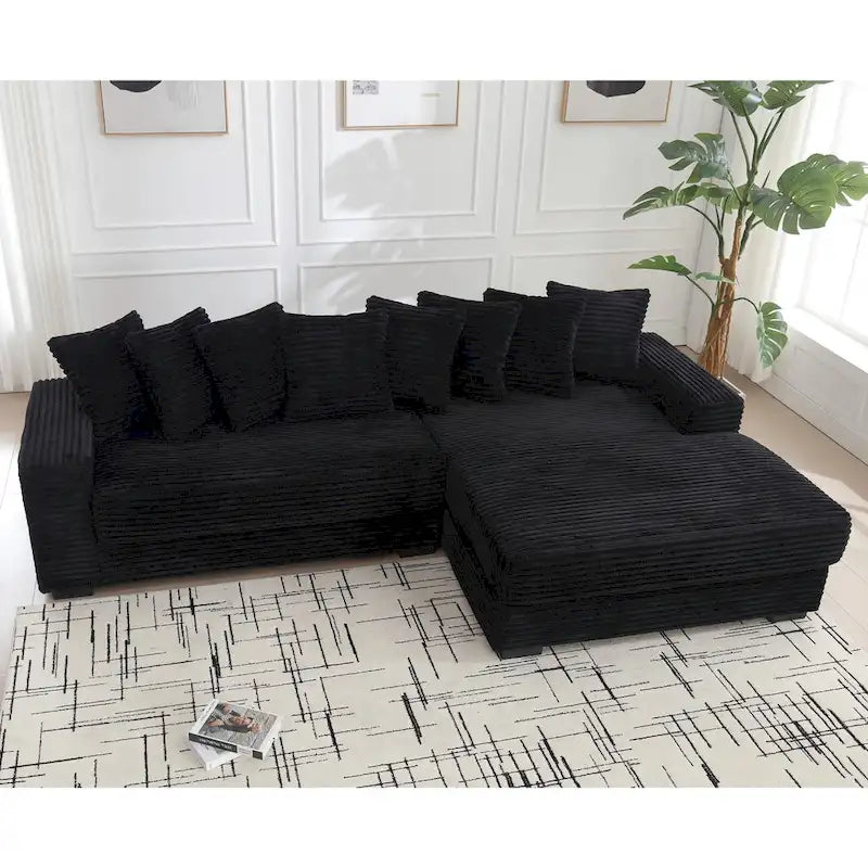 Canapé d'angle en L noir 111 en velours côtelé avec méridienne droite surdimensionnée et 8 coussins décoratifs