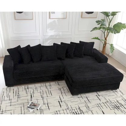 Canapé d'angle en L noir 111 en velours côtelé avec méridienne droite surdimensionnée et 8 coussins décoratifs