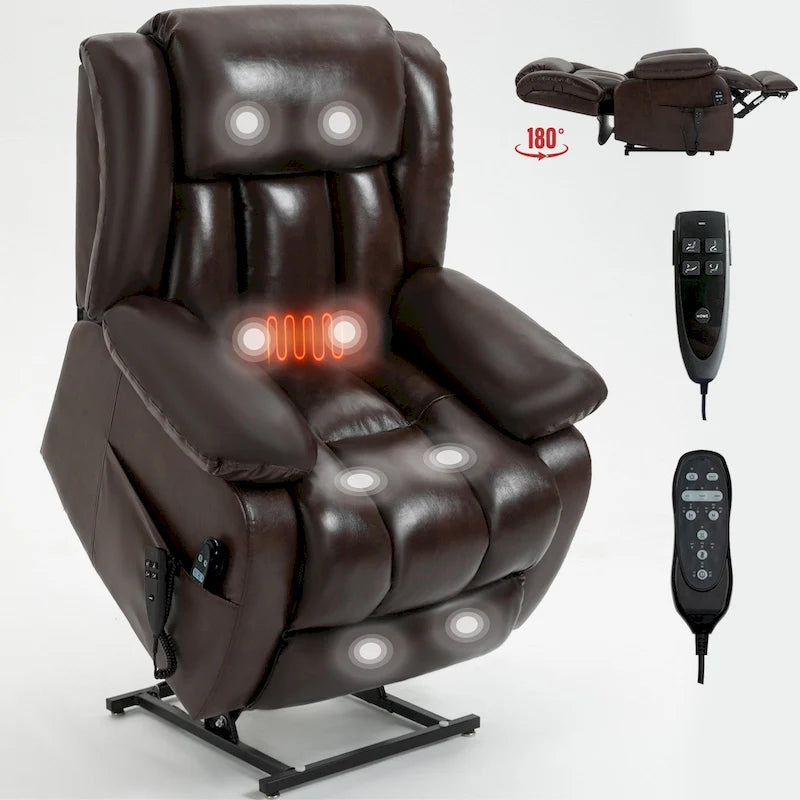 Fauteuil releveur électrique de taille moyenne en cuir véritable avec double moteur, massage 8 points et chauffage lombaire