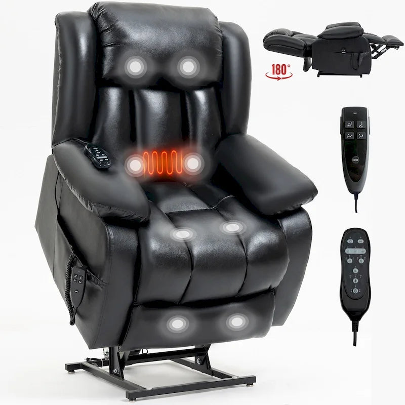 Fauteuil releveur électrique de taille moyenne en cuir véritable avec double moteur, massage 8 points et chauffage lombaire