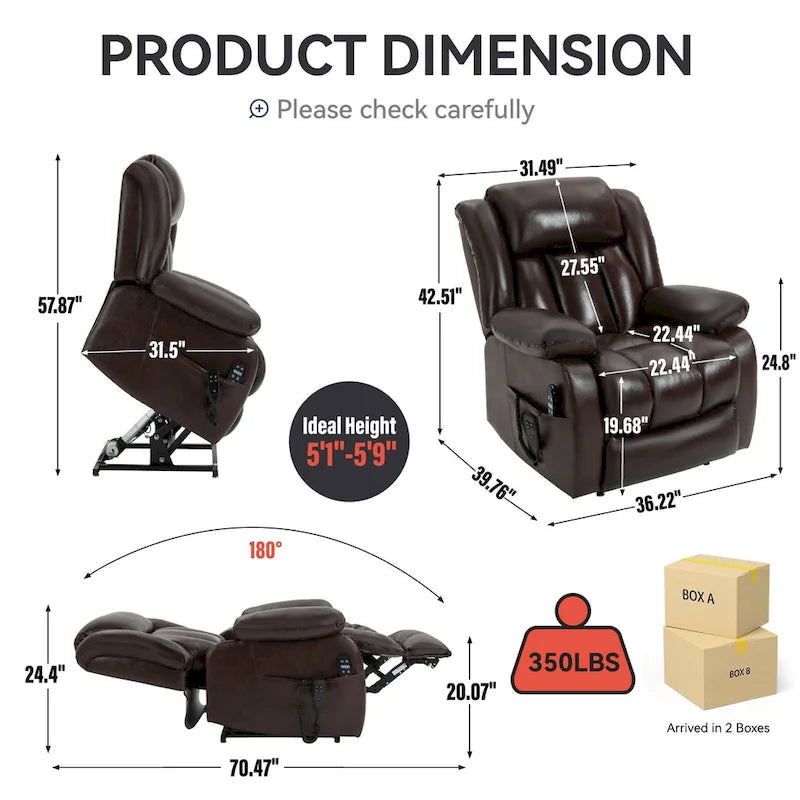 Fauteuil releveur électrique de taille moyenne en cuir véritable avec double moteur, massage 8 points et chauffage lombaire