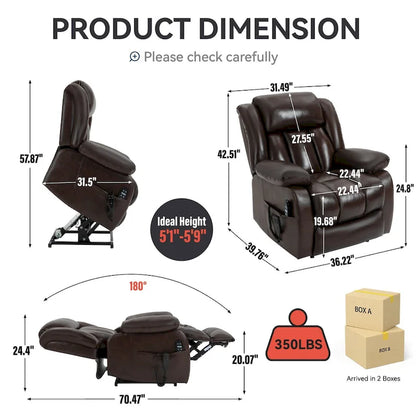 Fauteuil releveur électrique de taille moyenne en cuir véritable avec double moteur, massage 8 points et chauffage lombaire
