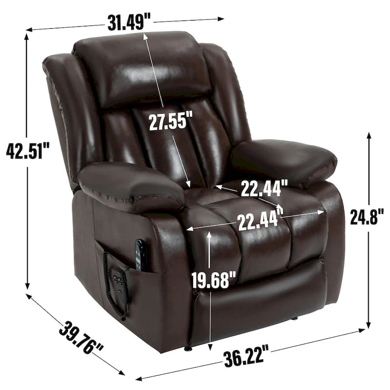 Fauteuil releveur électrique de taille moyenne en cuir véritable avec double moteur, massage 8 points et chauffage lombaire