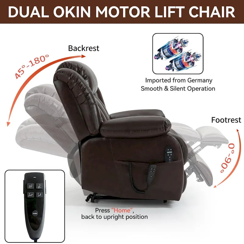 Fauteuil releveur électrique de taille moyenne en cuir véritable avec double moteur, massage 8 points et chauffage lombaire