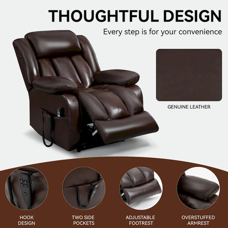 Fauteuil releveur électrique de taille moyenne en cuir véritable avec double moteur, massage 8 points et chauffage lombaire