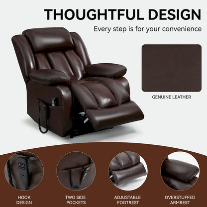 Fauteuil releveur électrique de taille moyenne en cuir véritable avec double moteur, massage 8 points et chauffage lombaire