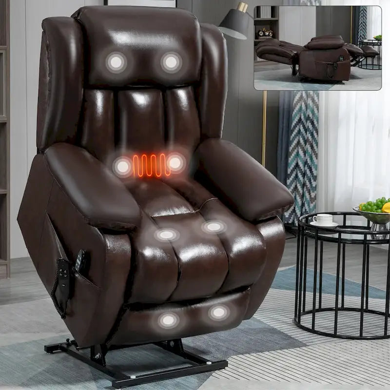 Fauteuil releveur électrique de taille moyenne en cuir véritable avec double moteur, massage 8 points et chauffage lombaire