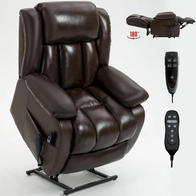 Fauteuil releveur électrique de taille moyenne en cuir véritable avec double moteur, massage 8 points et chauffage lombaire