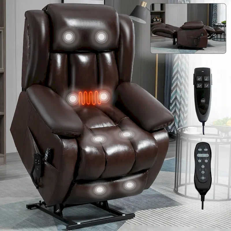Fauteuil releveur électrique de taille moyenne en cuir véritable avec double moteur, massage 8 points et chauffage lombaire