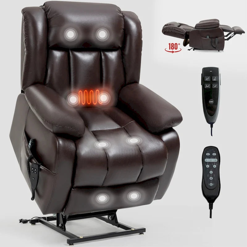 Fauteuil releveur électrique de taille moyenne en cuir véritable avec double moteur, massage 8 points et chauffage lombaire