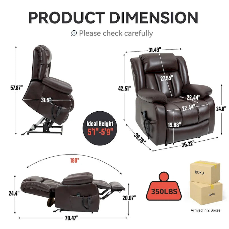 Fauteuil releveur électrique de taille moyenne en cuir véritable avec double moteur, massage 8 points et chauffage lombaire