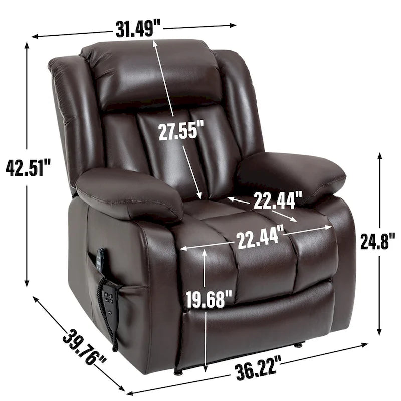 Fauteuil releveur électrique de taille moyenne en cuir véritable avec double moteur, massage 8 points et chauffage lombaire