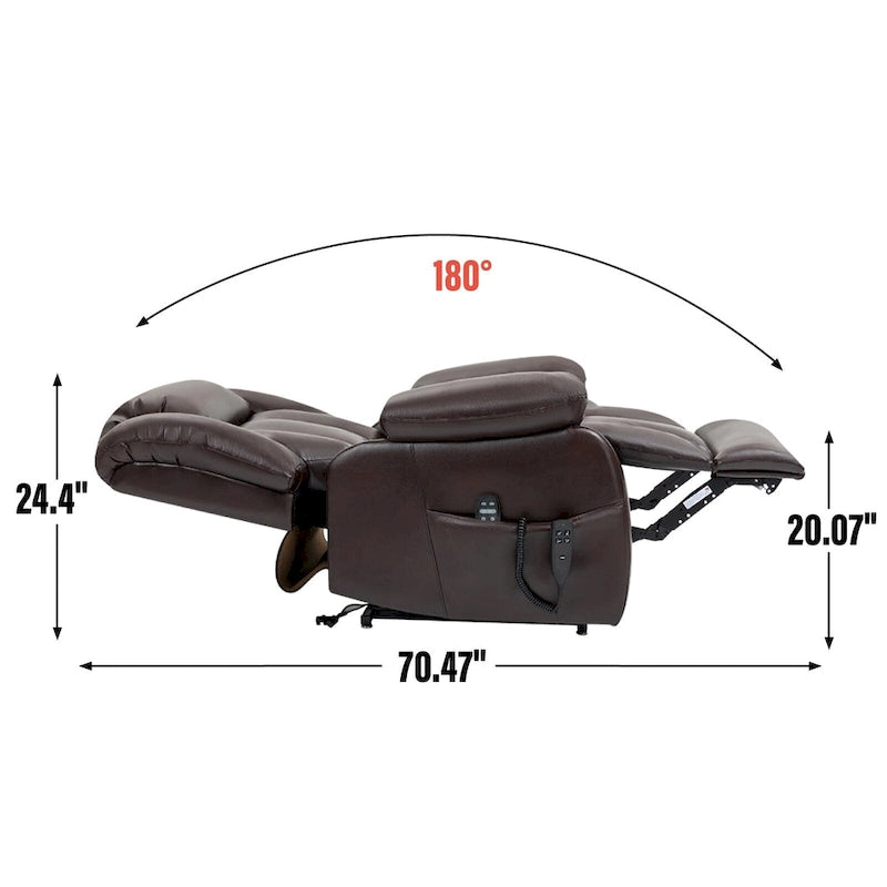 Fauteuil releveur électrique de taille moyenne en cuir véritable avec double moteur, massage 8 points et chauffage lombaire