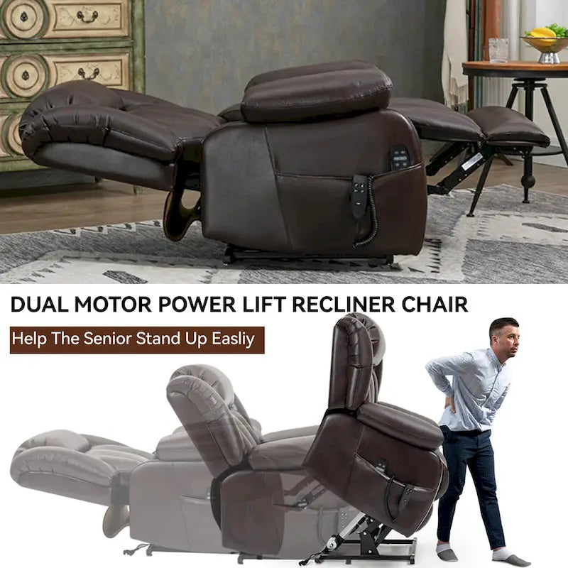 Fauteuil releveur électrique de taille moyenne en cuir véritable avec double moteur, massage 8 points et chauffage lombaire