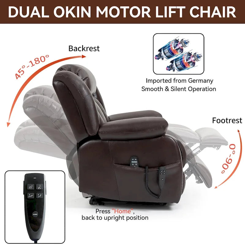 Fauteuil releveur électrique de taille moyenne en cuir véritable avec double moteur, massage 8 points et chauffage lombaire