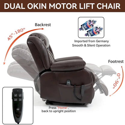 Fauteuil releveur électrique de taille moyenne en cuir véritable avec double moteur, massage 8 points et chauffage lombaire