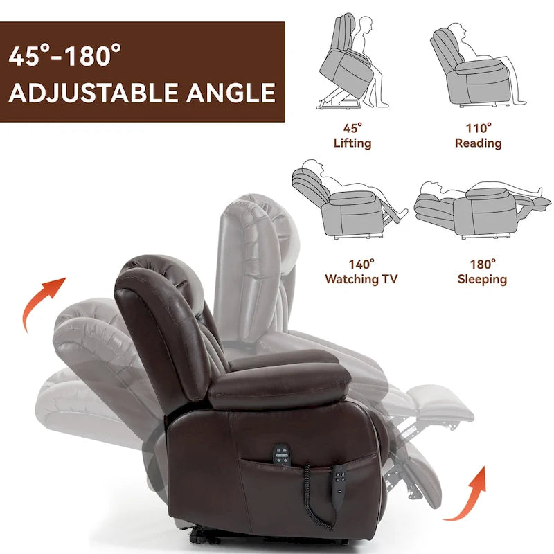 Fauteuil releveur électrique de taille moyenne en cuir véritable avec double moteur, massage 8 points et chauffage lombaire