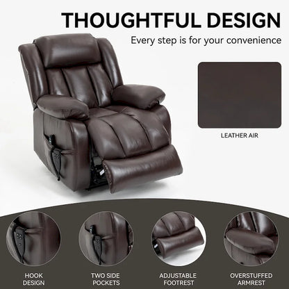 Fauteuil releveur électrique de taille moyenne en cuir véritable avec double moteur, massage 8 points et chauffage lombaire