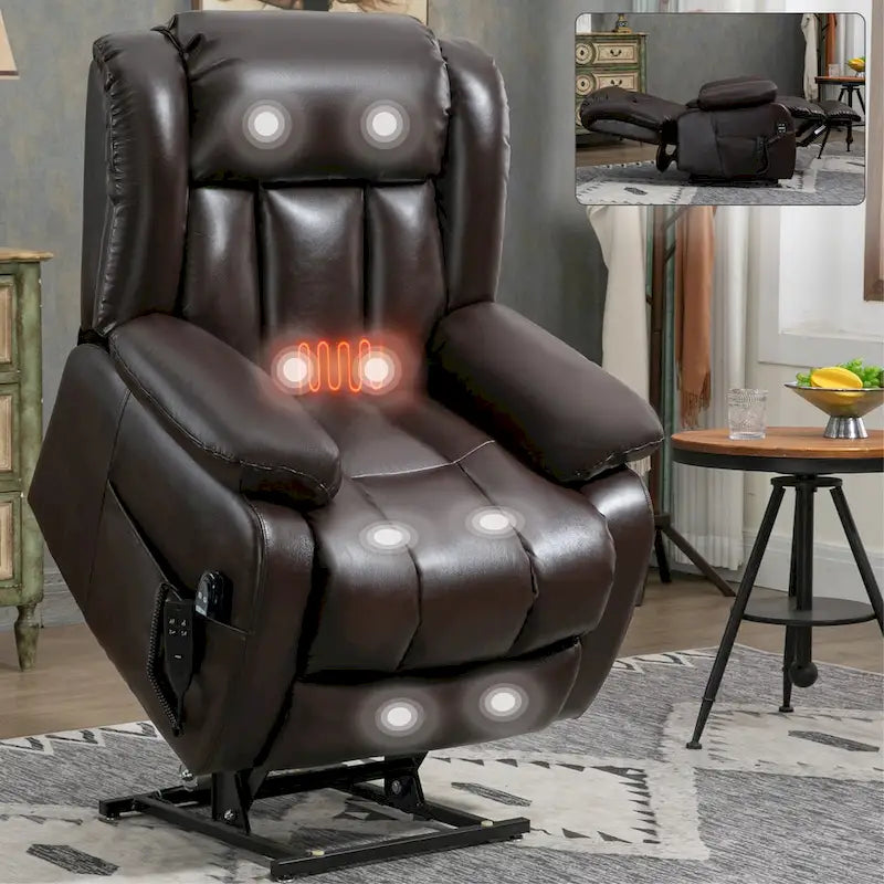 Fauteuil releveur électrique de taille moyenne en cuir véritable avec double moteur, massage 8 points et chauffage lombaire
