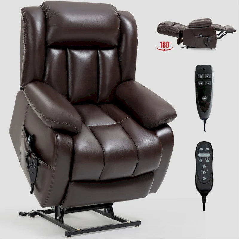 Fauteuil releveur électrique de taille moyenne en cuir véritable avec double moteur, massage 8 points et chauffage lombaire