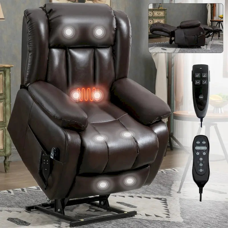 Fauteuil releveur électrique de taille moyenne en cuir véritable avec double moteur, massage 8 points et chauffage lombaire
