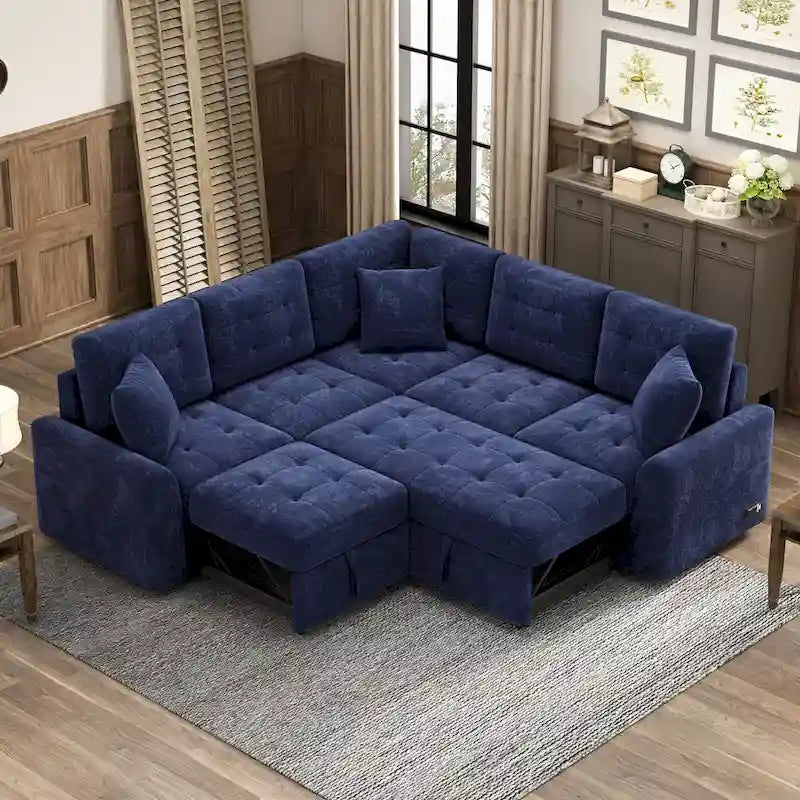 Blue 82.6 Convertible L-Shaped 5-Seat Sectional Sofa on Wheels, Featuring Pull-Out Bed, USB Ports, and Power Outlets