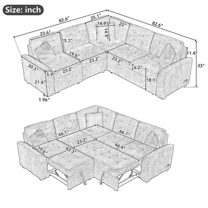 Canapé d'angle convertible 5 places en forme de L bleu 82,6 sur roulettes, avec lit gigogne, ports USB et prises électriques