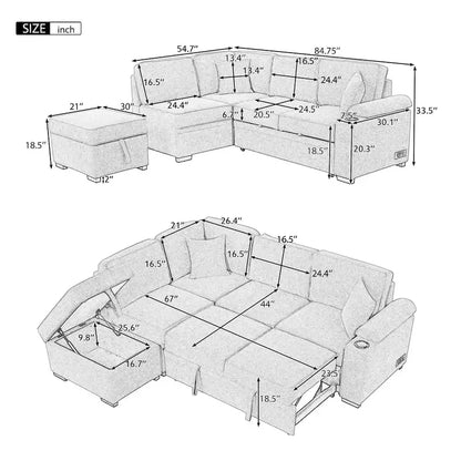 Canapé d'angle 5 places en forme de L de 84,75 pouces avec pouf de rangement, canapé convertible 2 en 1 pour salon