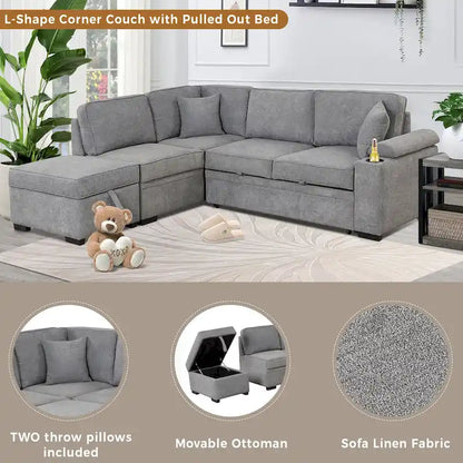 Canapé d'angle 5 places en forme de L de 84,75 pouces avec pouf de rangement, canapé convertible 2 en 1 pour salon