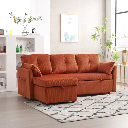 Canapé d'angle en tissu Orange 81.1 : méridienne réversible, rangement, structure en bois massif et assise en mousse