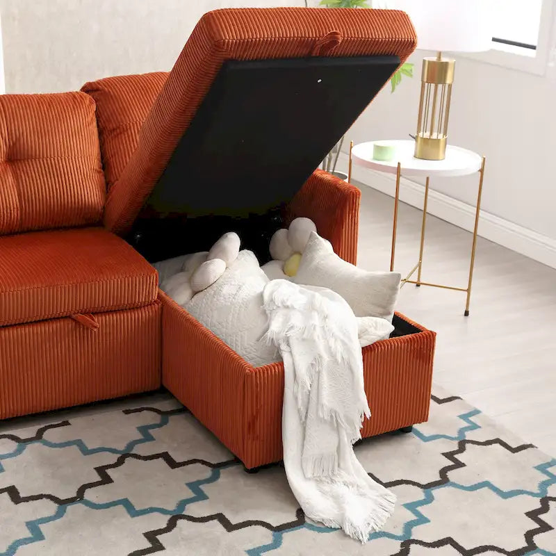 Canapé d'angle en tissu Orange 81.1 : méridienne réversible, rangement, structure en bois massif et assise en mousse