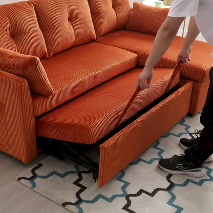 Canapé d'angle en tissu Orange 81.1 : méridienne réversible, rangement, structure en bois massif et assise en mousse