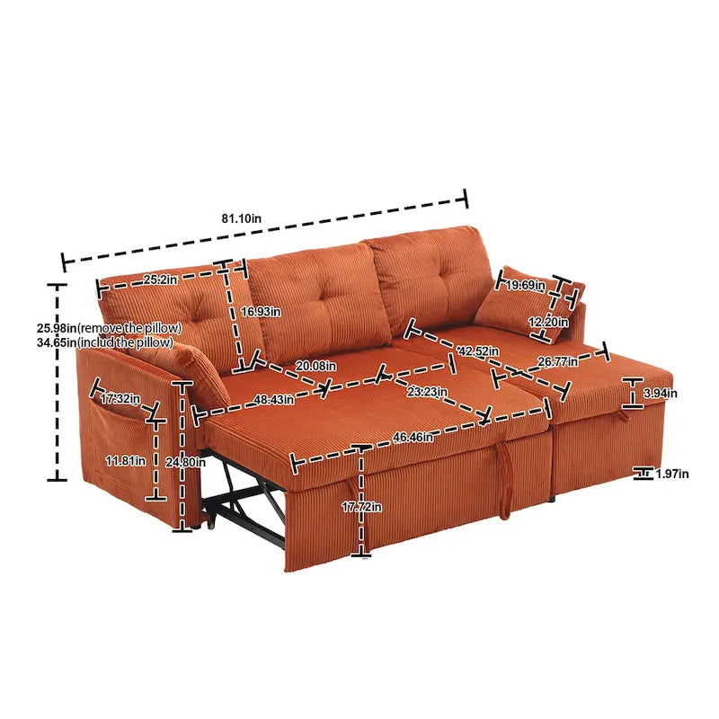 Canapé d'angle en tissu Orange 81.1 : méridienne réversible, rangement, structure en bois massif et assise en mousse
