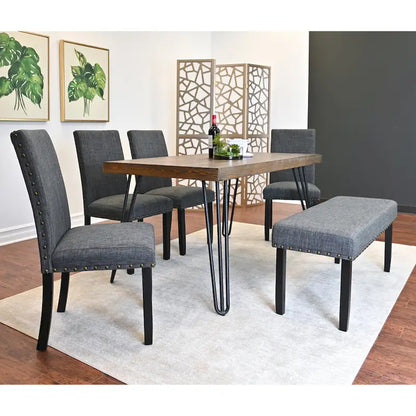 Industrial Style 6-Piece Dining Set with Rectangular Table, 4 Linen Upholstered Chairs and Bench