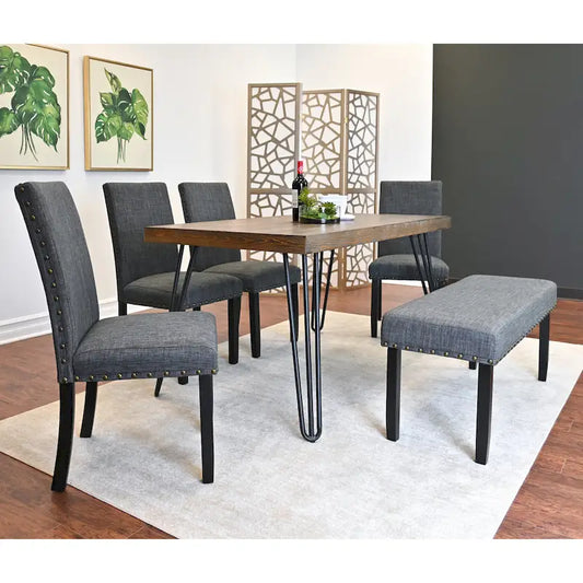 Industrial Style 6-Piece Dining Set with Rectangular Table, 4 Linen Upholstered Chairs and Bench