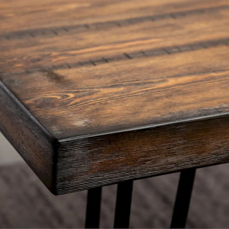 Ensemble de salle à manger de style industriel 6 pièces comprenant une table rectangulaire, 4 chaises et un banc recouverts de lin.