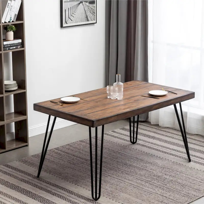 Ensemble de salle à manger de style industriel 6 pièces comprenant une table rectangulaire, 4 chaises et un banc recouverts de lin.