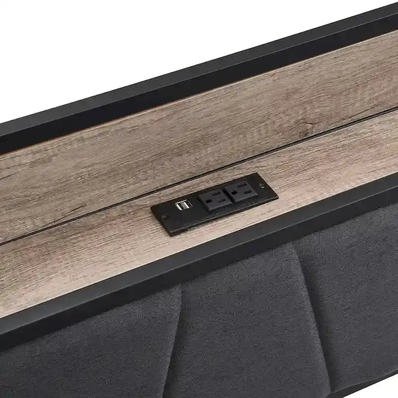 Lit double en métal noir et gris avec tête de lit rembourrée avec rangement et port USB