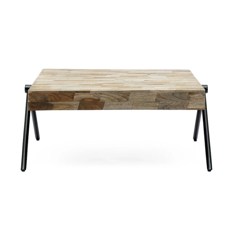 Table basse moderne de 18,75 pouces, fabriquée à la main, avec plateau en bois et pieds uniques en forme de V.