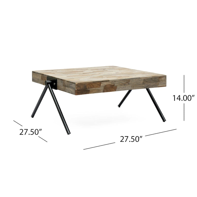Table basse moderne de 18,75 pouces, fabriquée à la main, avec plateau en bois et pieds uniques en forme de V.