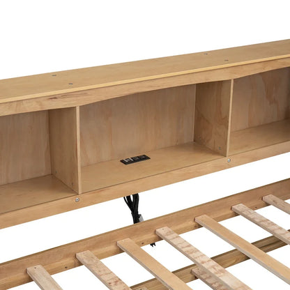 Lit de jour double en bois avec lit gigogne, rangements et stations de recharge