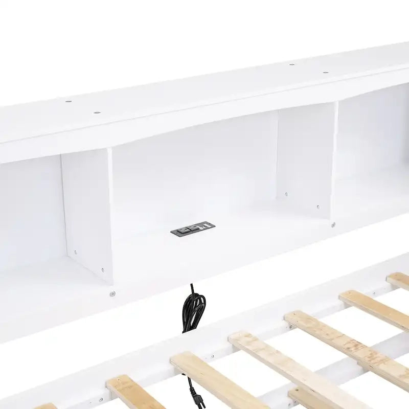 Lit de jour double en bois avec lit gigogne, rangements et stations de recharge