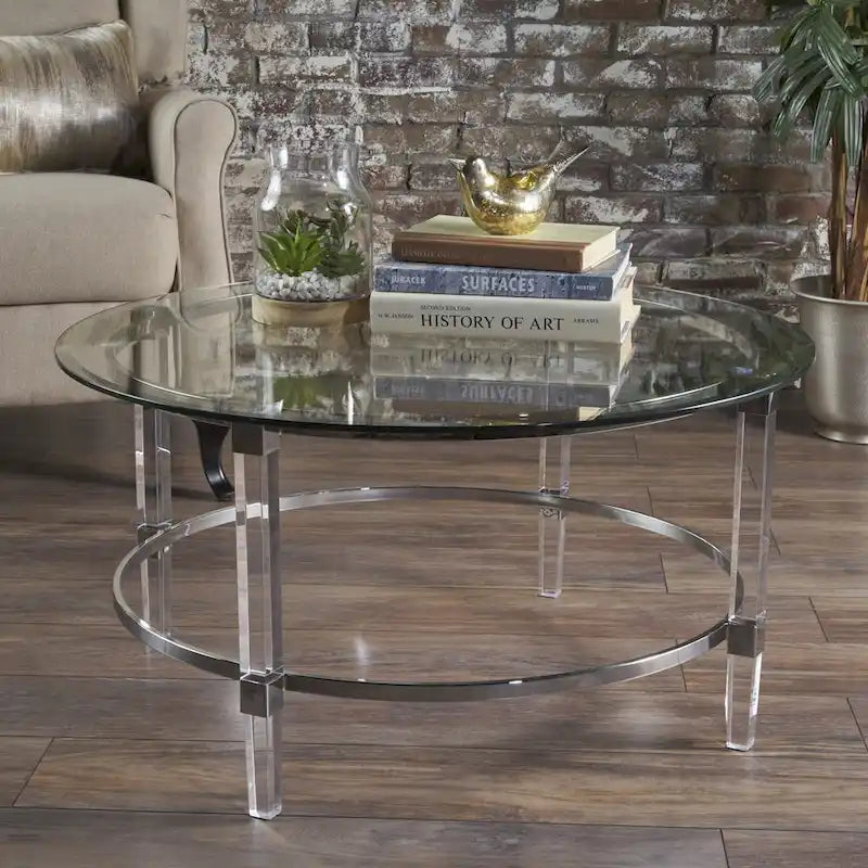 Table basse ronde moderne de 35,5 cm avec design translucide pour salon