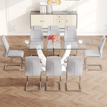 Ensemble table et chaises de salle à manger modernes en verre trempé avec piètement en forme de U à motif marbre et chaises rembourrées en PU