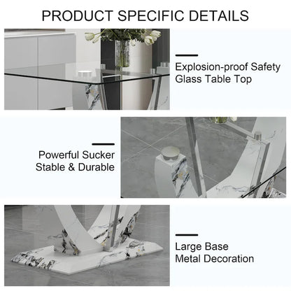 Ensemble table et chaises de salle à manger modernes en verre trempé avec piètement en forme de U à motif marbre et chaises rembourrées en PU