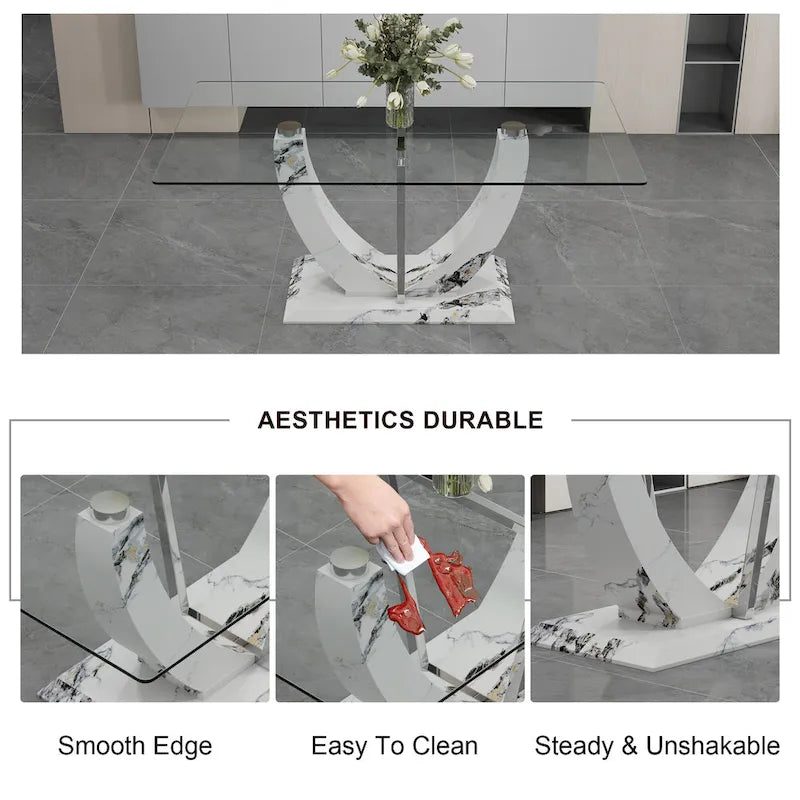 Ensemble table et chaises de salle à manger modernes en verre trempé avec piètement en forme de U à motif marbre et chaises rembourrées en PU