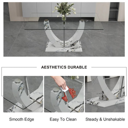 Ensemble table et chaises de salle à manger modernes en verre trempé avec piètement en forme de U à motif marbre et chaises rembourrées en PU